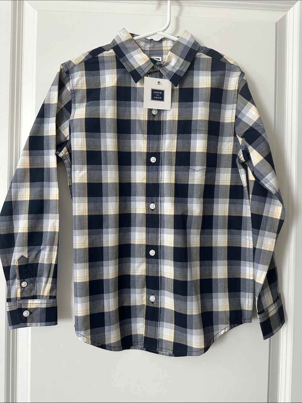 New Janie & Jack Navy/White/Yellow Plaid Button Down Shirt, Size 7.